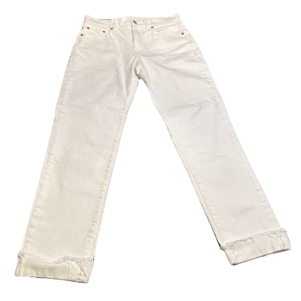 GAP Girlfriend Mid Rise White Jeans Size 26 (2R) Raw Frayed Hem Optic White